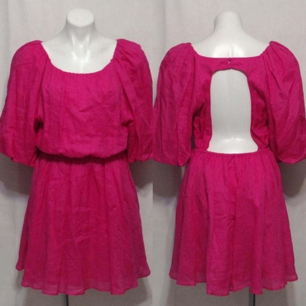 NWT A Loves A Large Puff Sleeve Poplin Dress Magenta Open Back Elegant Party